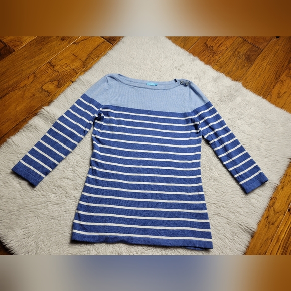 J. McLaughlin Stripe 3/4 Sleeve Sweater Blue White Nautical Cotton Modal Buttons - Picture 1 of 6